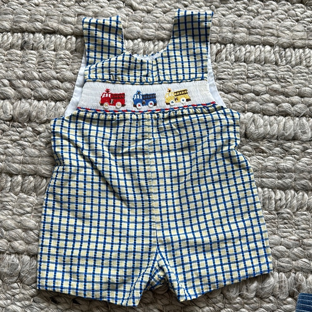 House of Hatten smocked fire truck shortall 12 Months